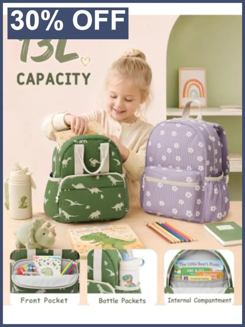 Kids Corduroy Backpack with Floral Print for School, Lightweight Daypack Ages